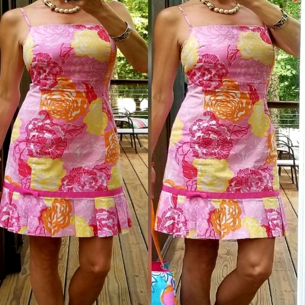 Lilly Pulitzer pink/yellow pleated bow dress 2